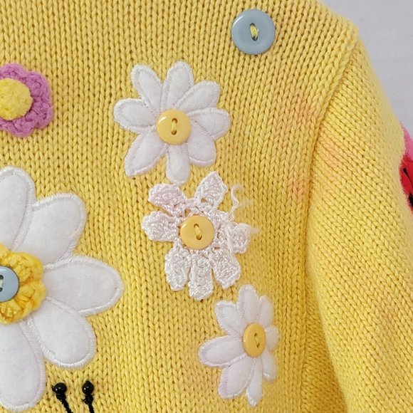 Berek by Takako Sakon Vintage Knit Yellow Crochet Garden Lady Bug Flower Top L - Picture 16 of 16